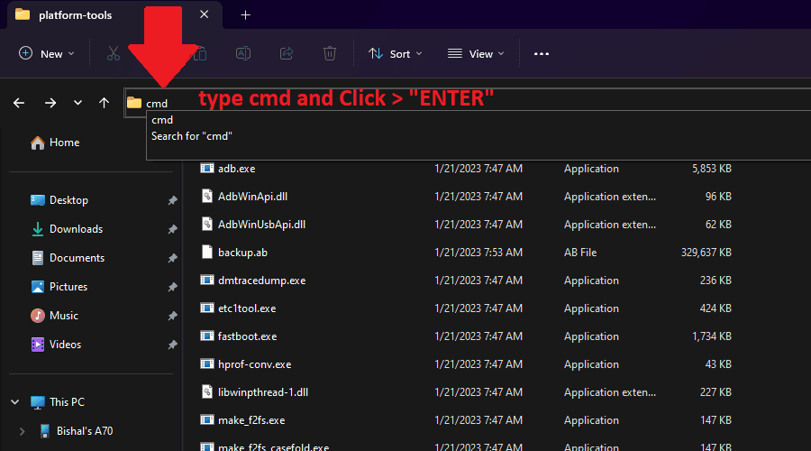 open cmd on sdk platform tools folder inside