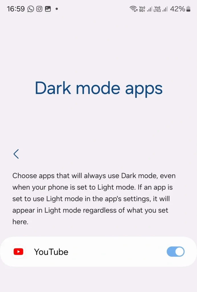 Dark mode for individual apps setting One UI 6