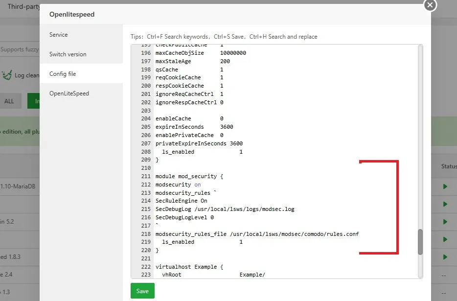 Add the ModSecurity module in OpenLiteSpeed config